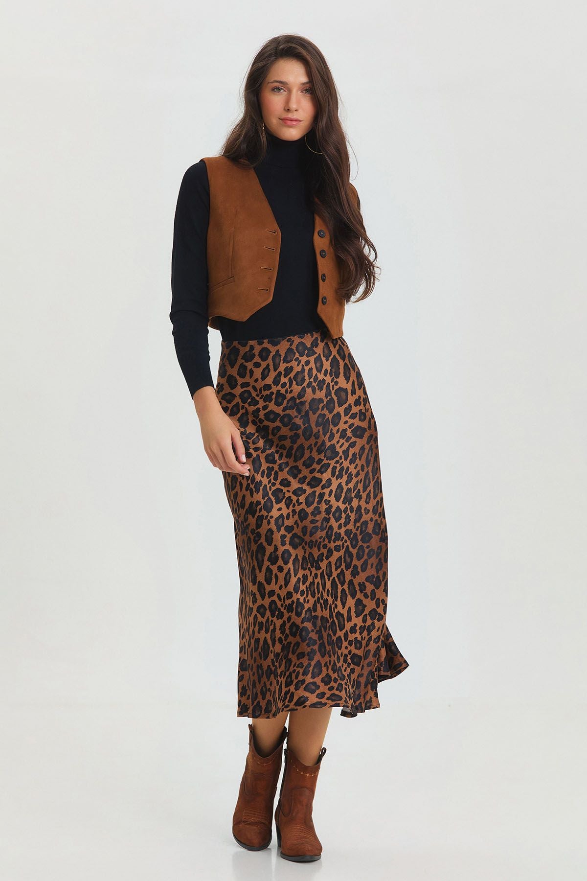Leopar Desenli Midi Boy Saten Etek Taba