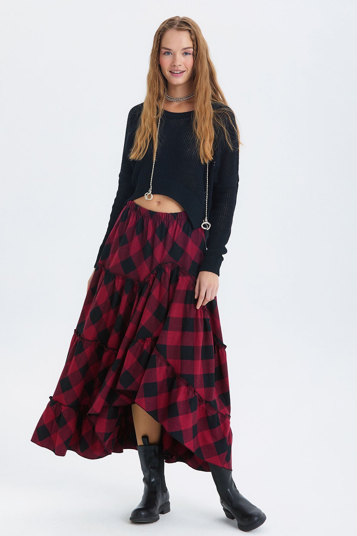 Hippi Tarz Desenli Maxi Etek Bordo