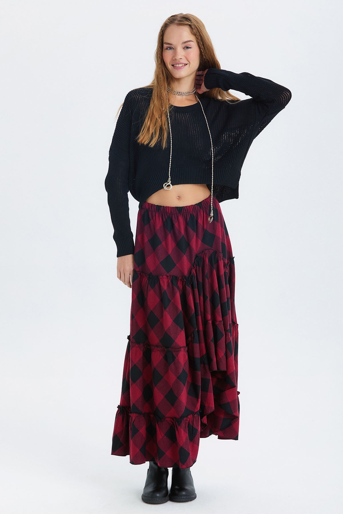 Hippi Tarz Desenli Maxi Etek Bordo