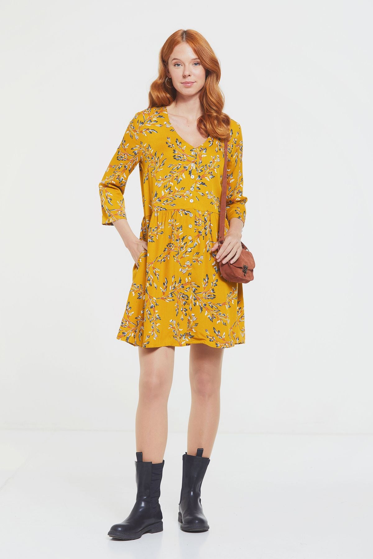 Bohem Boydan Düğmeli Kısa Elbise Sarı