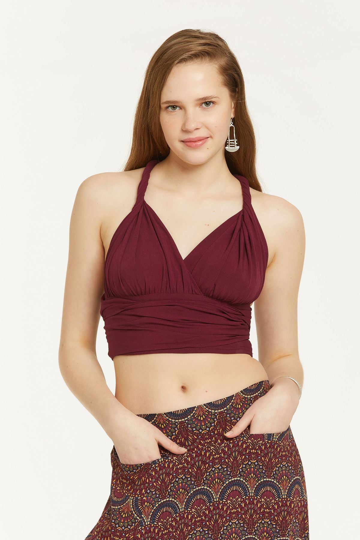 Bağlamalı Sırt Detaylı Şık Bohem Crop Bluz Mor