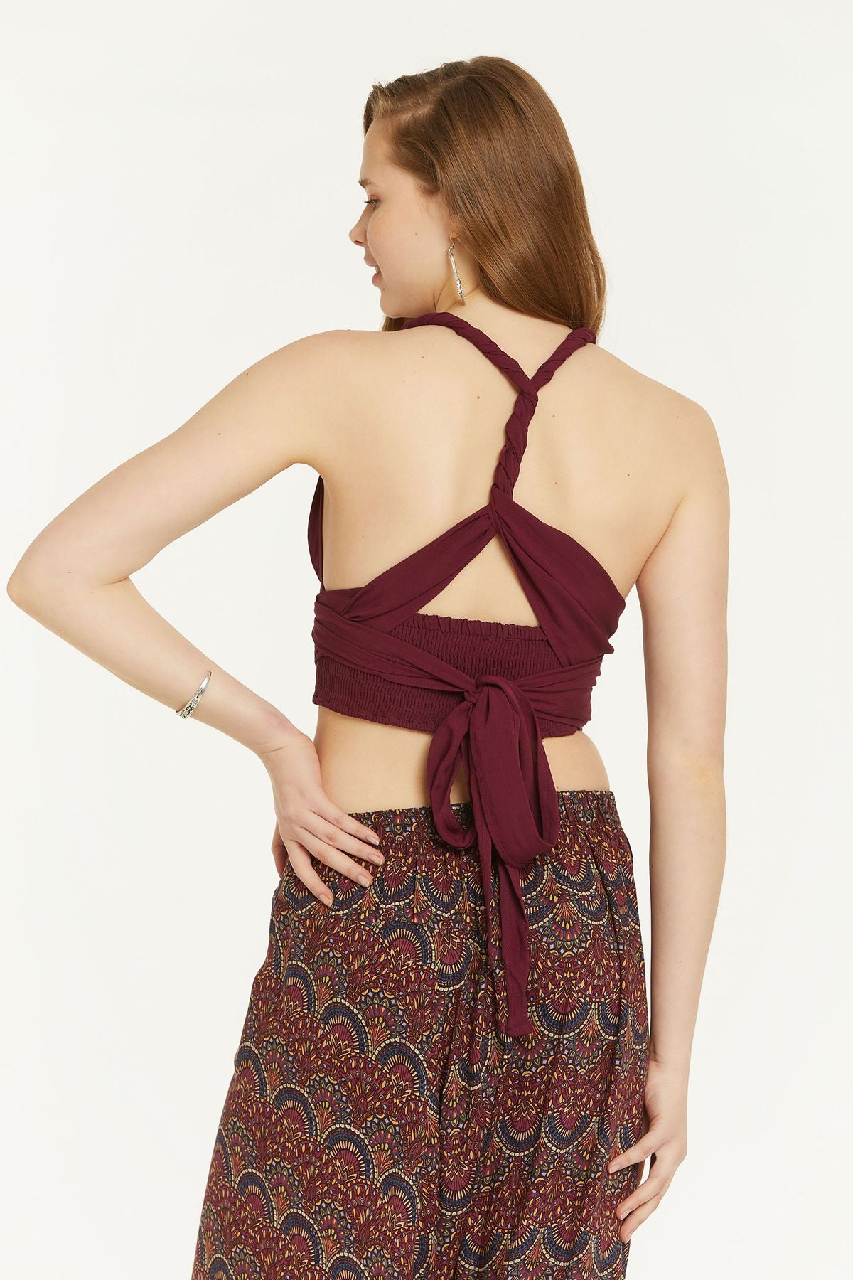 Bağlamalı Sırt Detaylı Şık Bohem Crop Bluz Mor