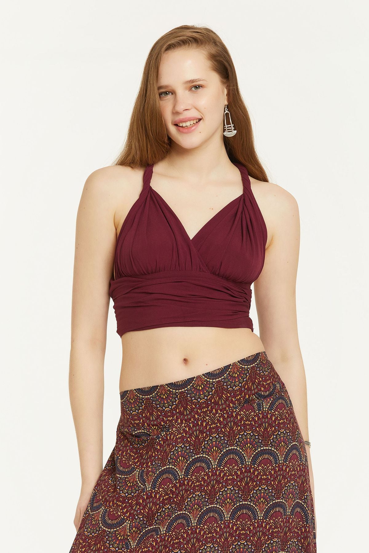Bağlamalı Sırt Detaylı Şık Bohem Crop Bluz Mor