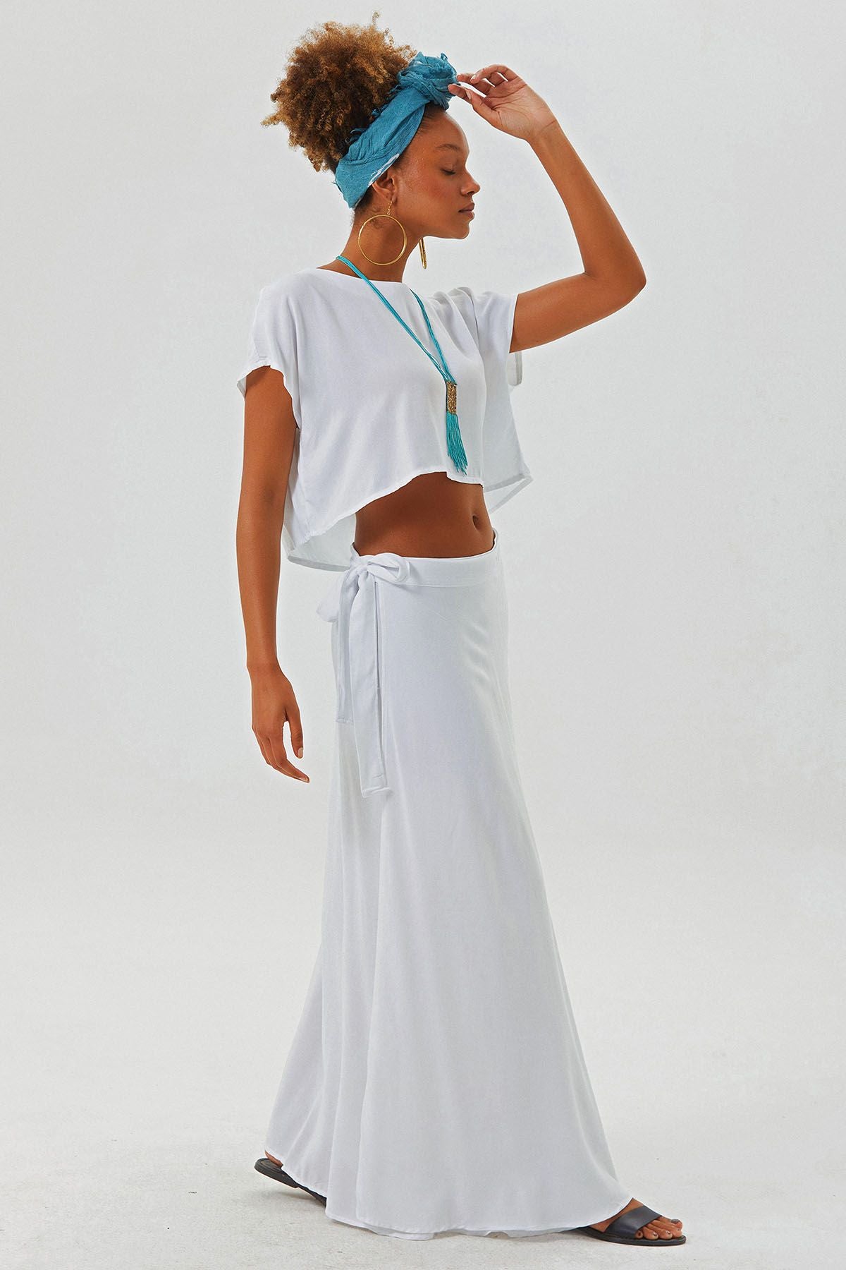 Kayık Yaka Oversize Yazlık Crop Bohem Bluz Beyaz
