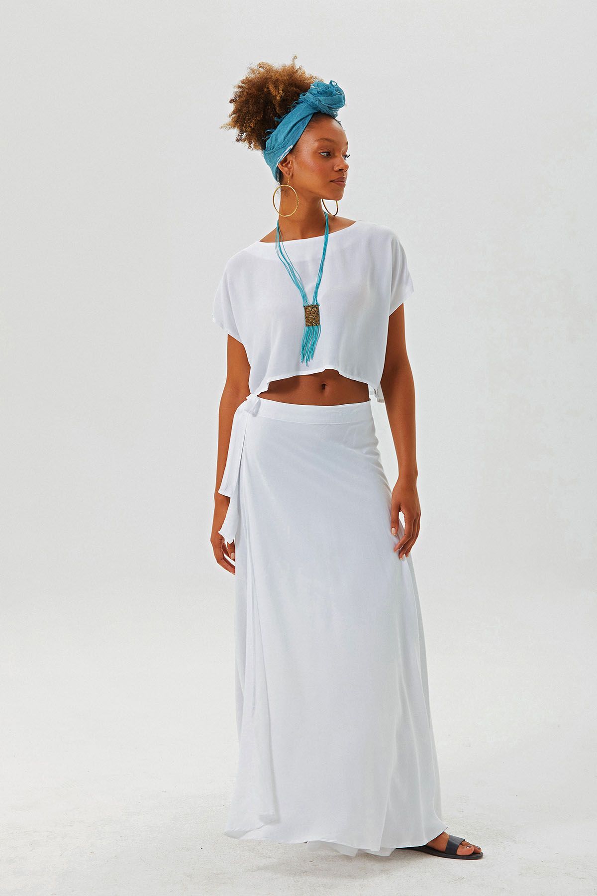Kayık Yaka Oversize Yazlık Crop Bohem Bluz Beyaz