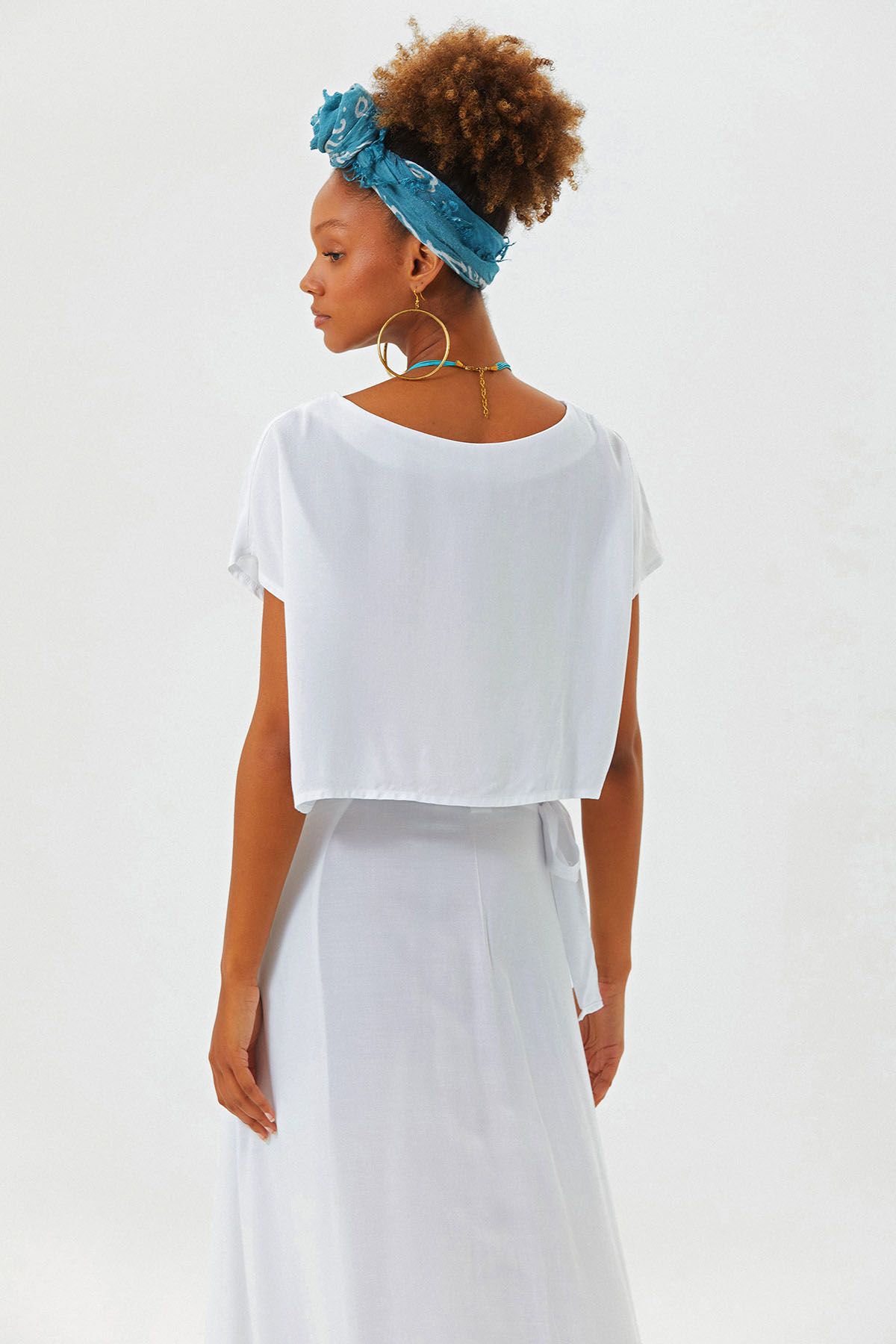 Kayık Yaka Oversize Yazlık Crop Bohem Bluz Beyaz