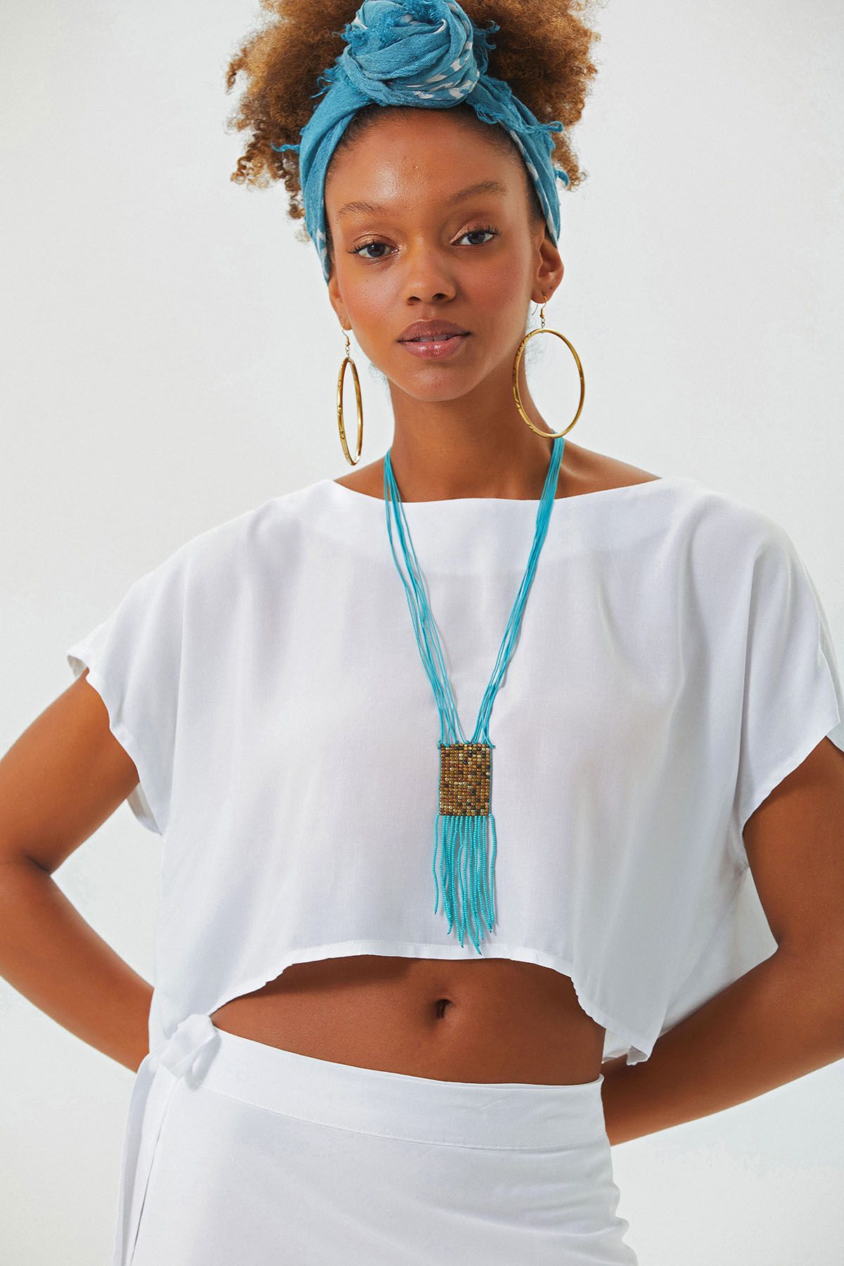 Kayık Yaka Oversize Yazlık Crop Bohem Bluz Beyaz