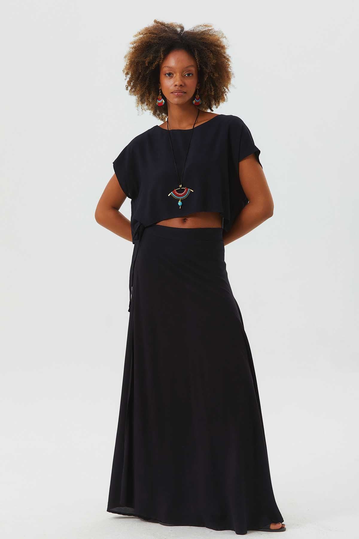 Kayık Yaka Oversize Yazlık Crop Bohem Bluz Siyah