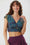 Desenli Sırt Detaylı Bağlamalı Bohem Crop Bluz Turkuaz