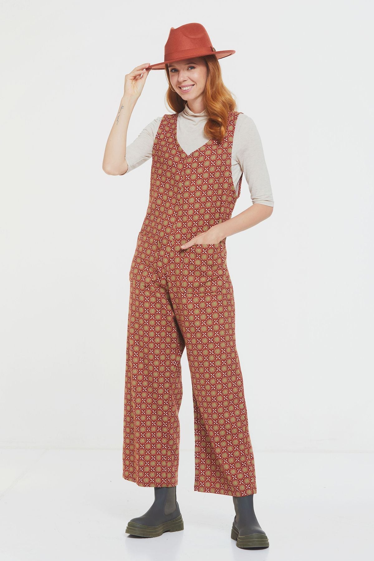 Salaş Desenli Uzun Kışlık Tulum Kahverengi