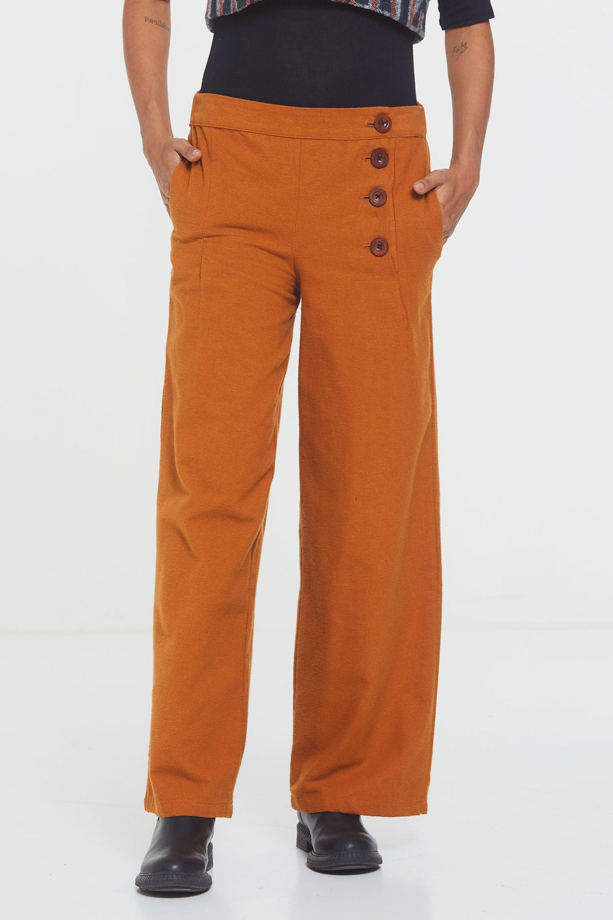 Düğme Detaylı Bohem Geniş Paça Pantolon Sarı