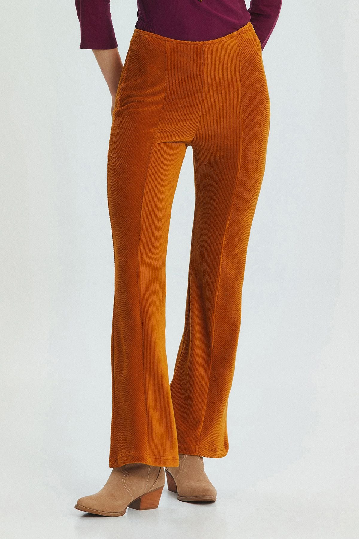 İspanyol Paça Yüksek Bel Fitilli Kadife Pantolon Taba