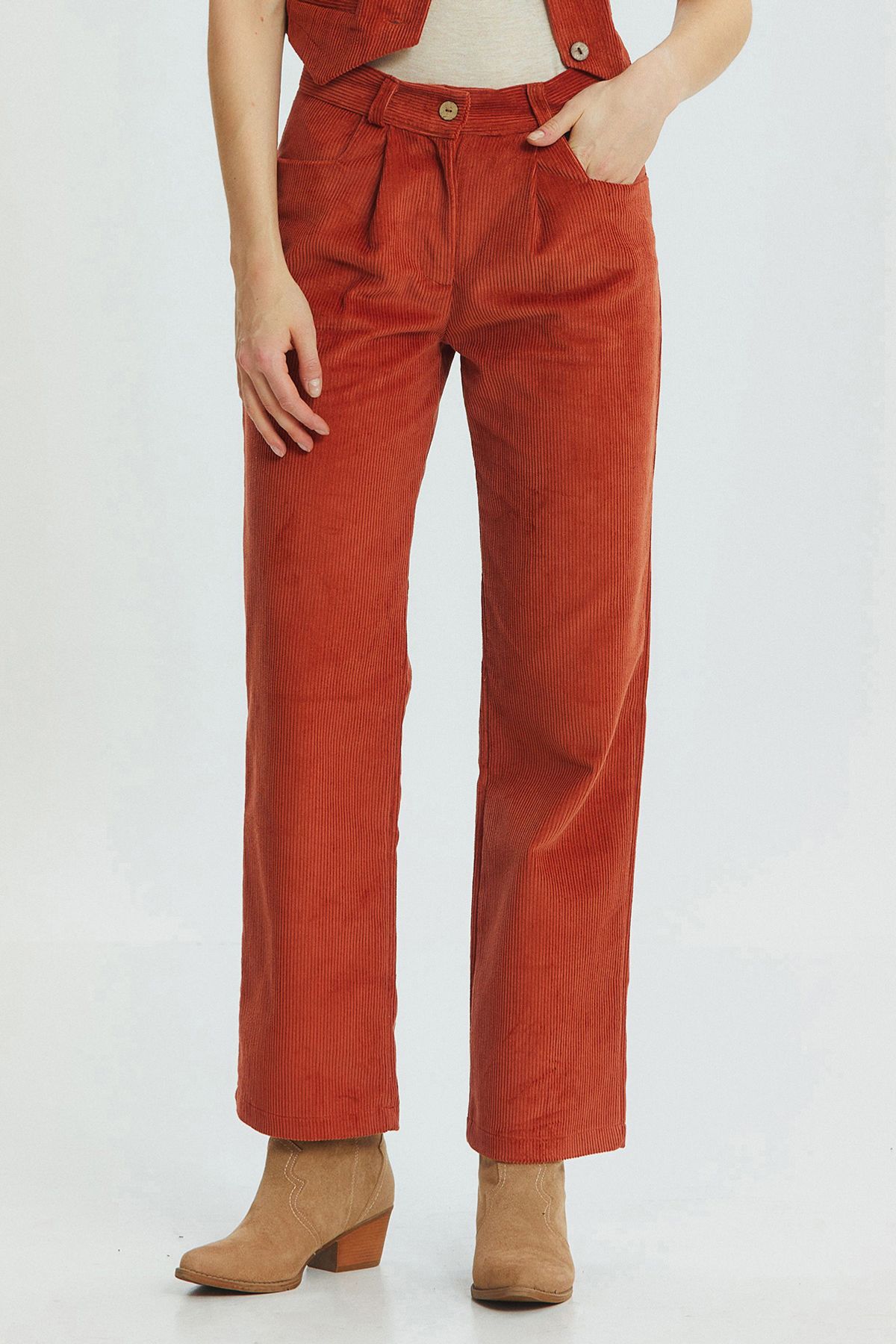 Bohem Tarz Fitilli Kadife Pantolon Turuncu