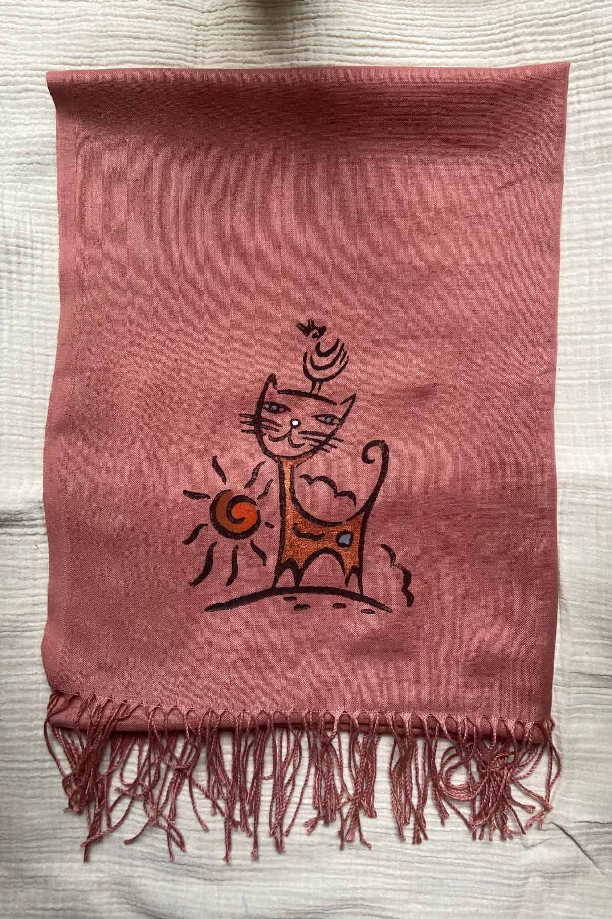 Kedi Desenli Taş Baskı Şal Pembe