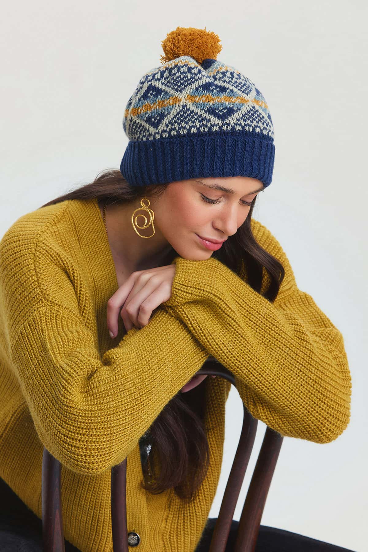 Baklava Desenli Ponponlu Katlamalı Bere Lacivert