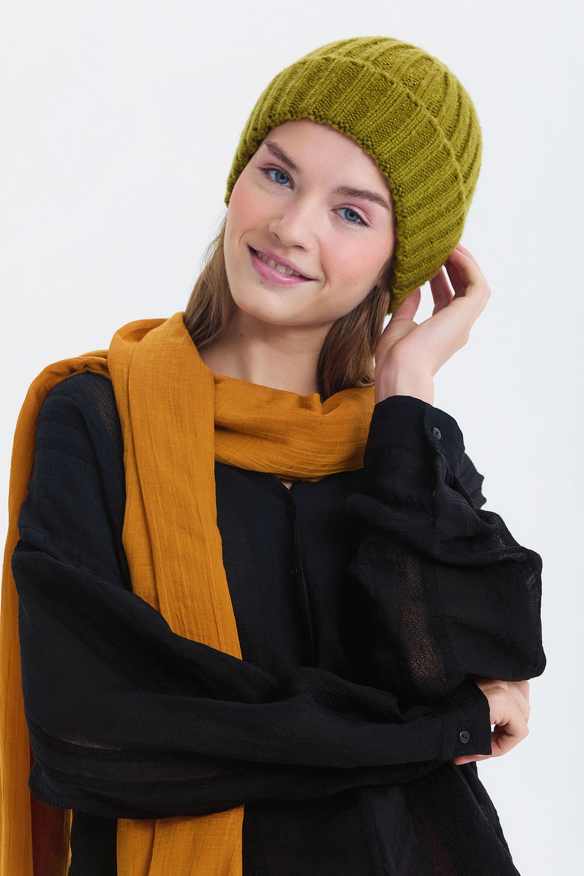 Örgü Katlamalı Unisex Kışlık Bere Yeşil