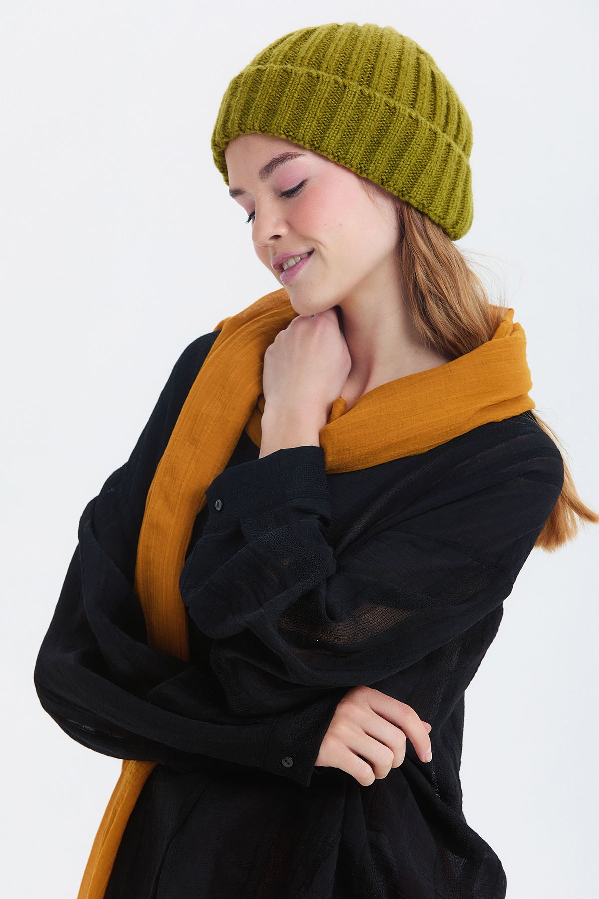 Örgü Katlamalı Unisex Kışlık Bere Yeşil