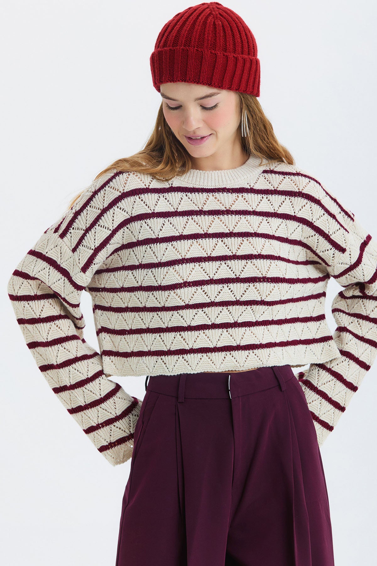 Örgü Katlamalı Unisex Kışlık Bere Kırmızı