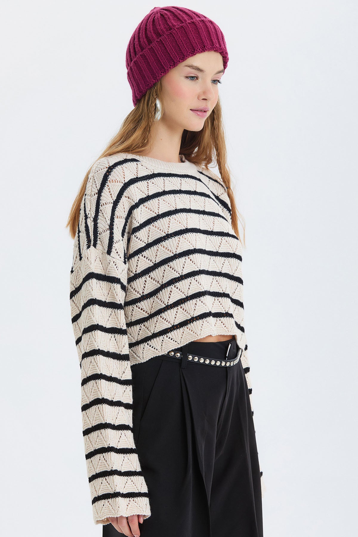 Örgü Katlamalı Unisex Kışlık Bere Mor