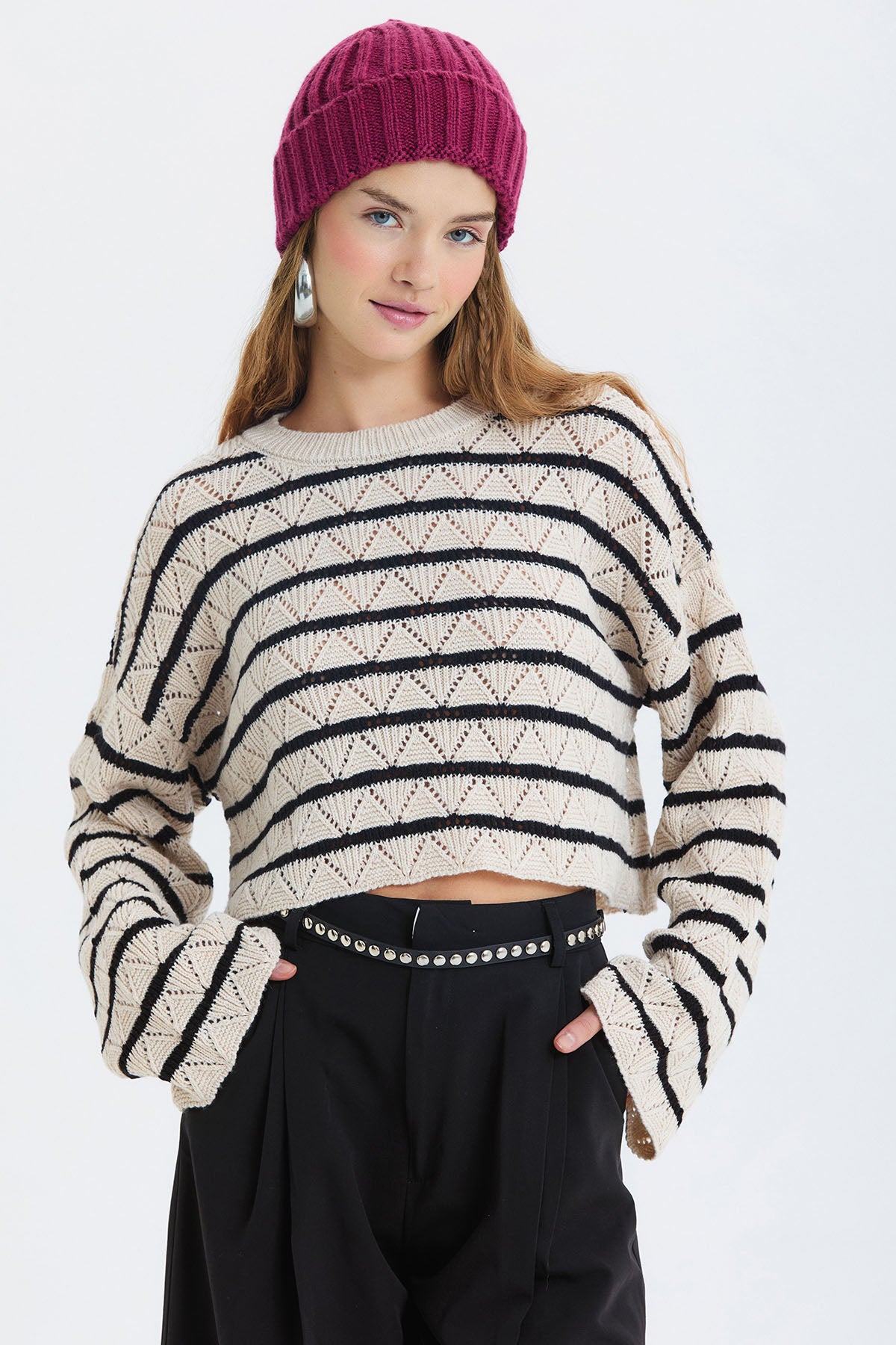 Örgü Katlamalı Unisex Kışlık Bere Mor