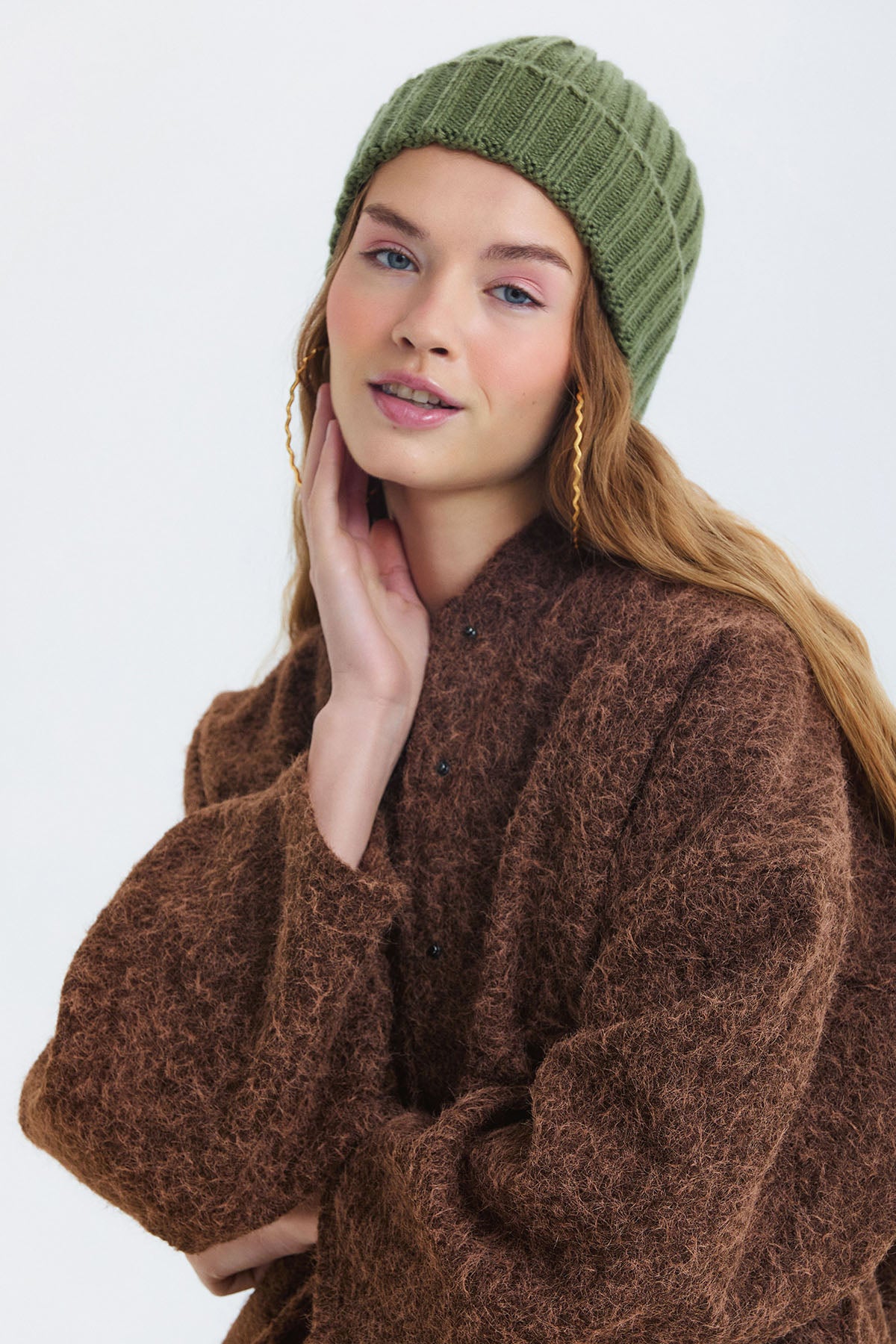 Örgü Katlamalı Unisex Kışlık Bere Haki