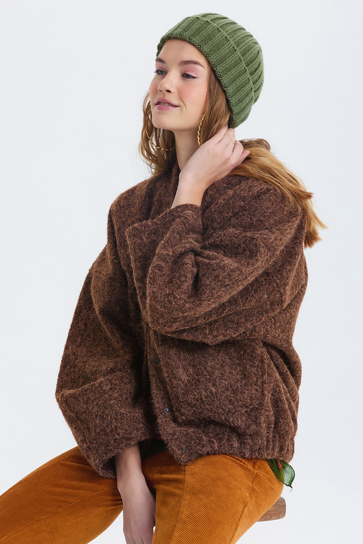 Örgü Katlamalı Unisex Kışlık Bere Haki