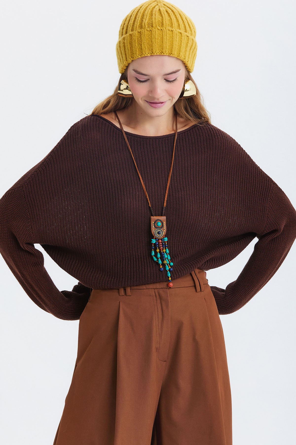 Örgü Katlamalı Unisex Kışlık Bere Sarı