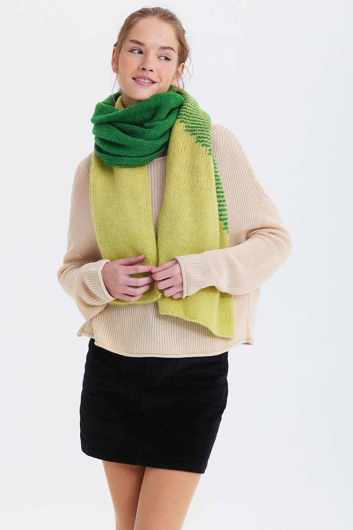 Renk Bloklu Büyük Atkı Yeşil - Sarı