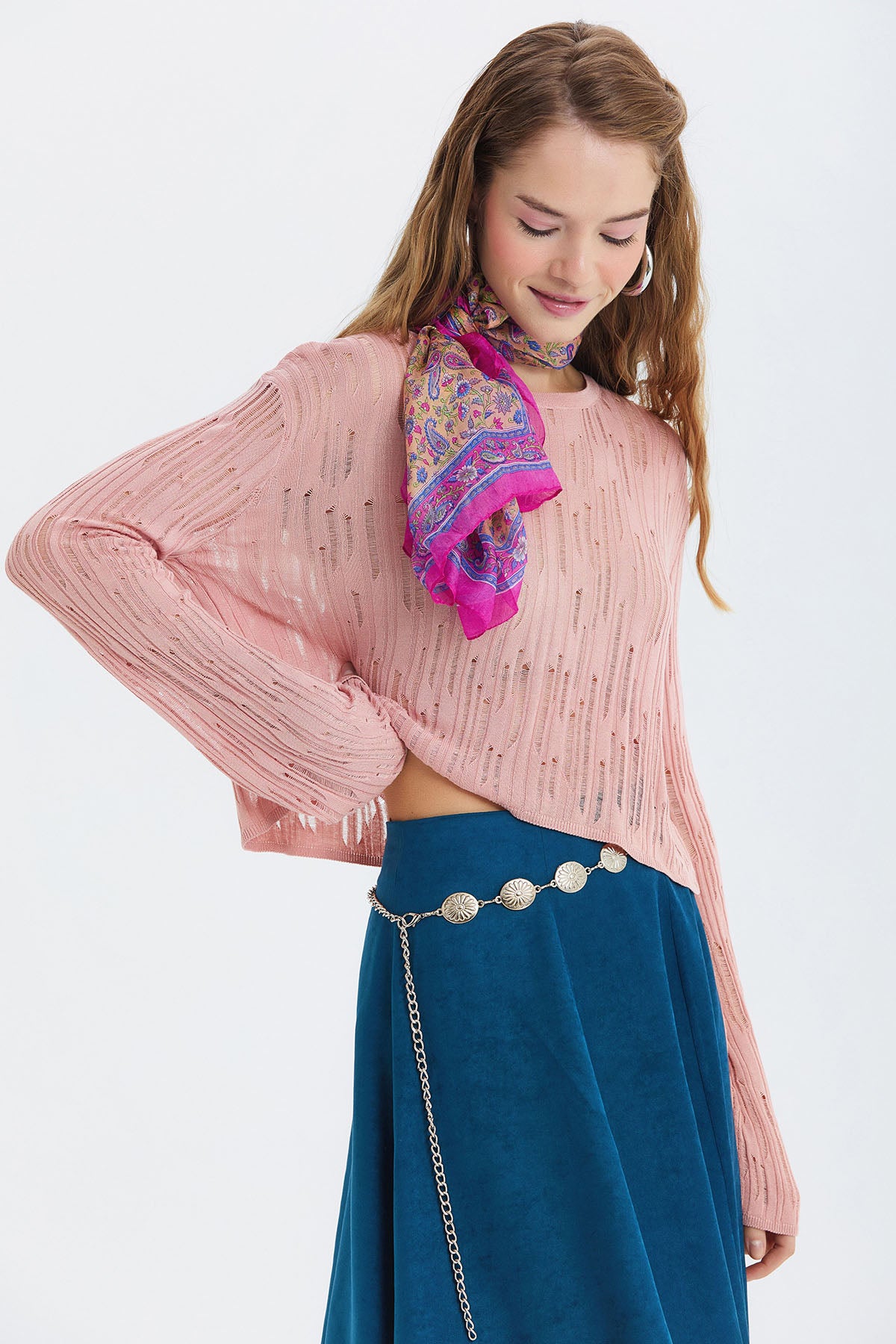 Bohem Çiçek Figürlü Zincir Kemer Gümüş