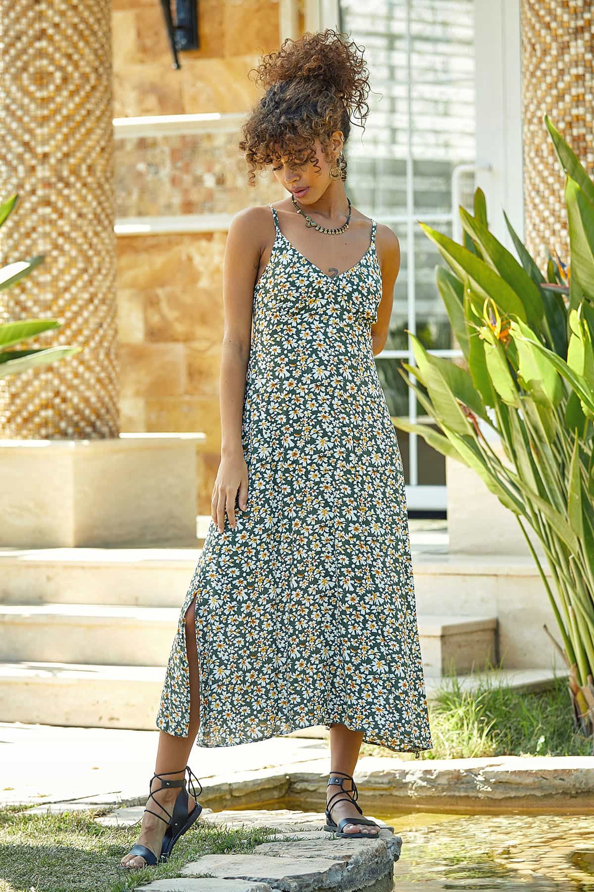 Desenli Yırtmaçlı Kloş Günlük Bohem Elbise Yeşil