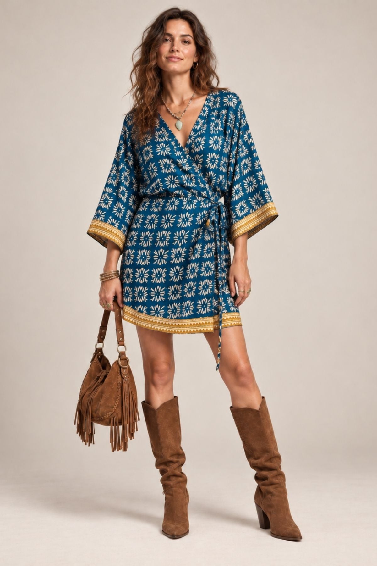 Kimono Kollu Mini Anvelop Elbise Lacivert