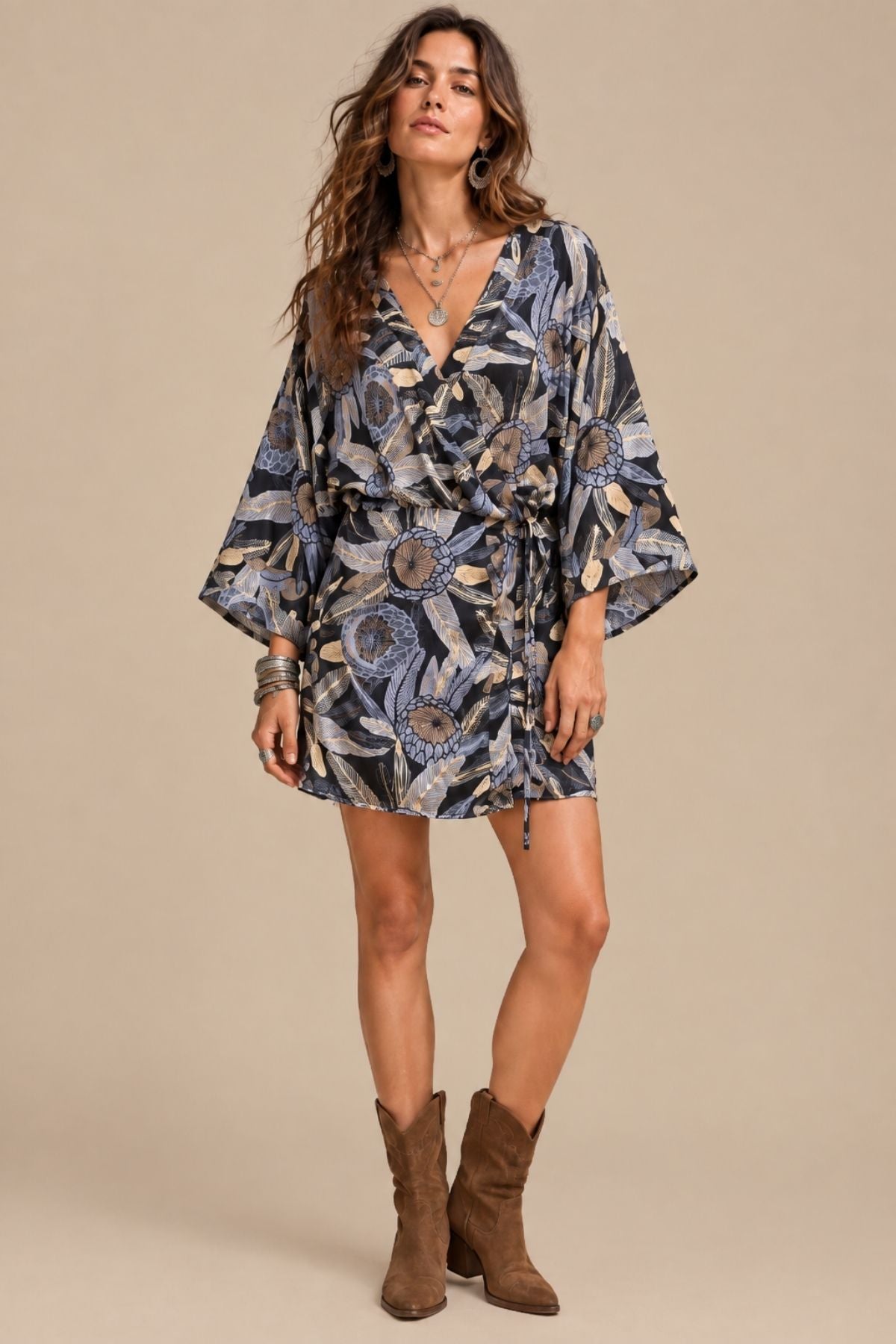 Kimono Kollu Mini Anvelop Elbise Gri
