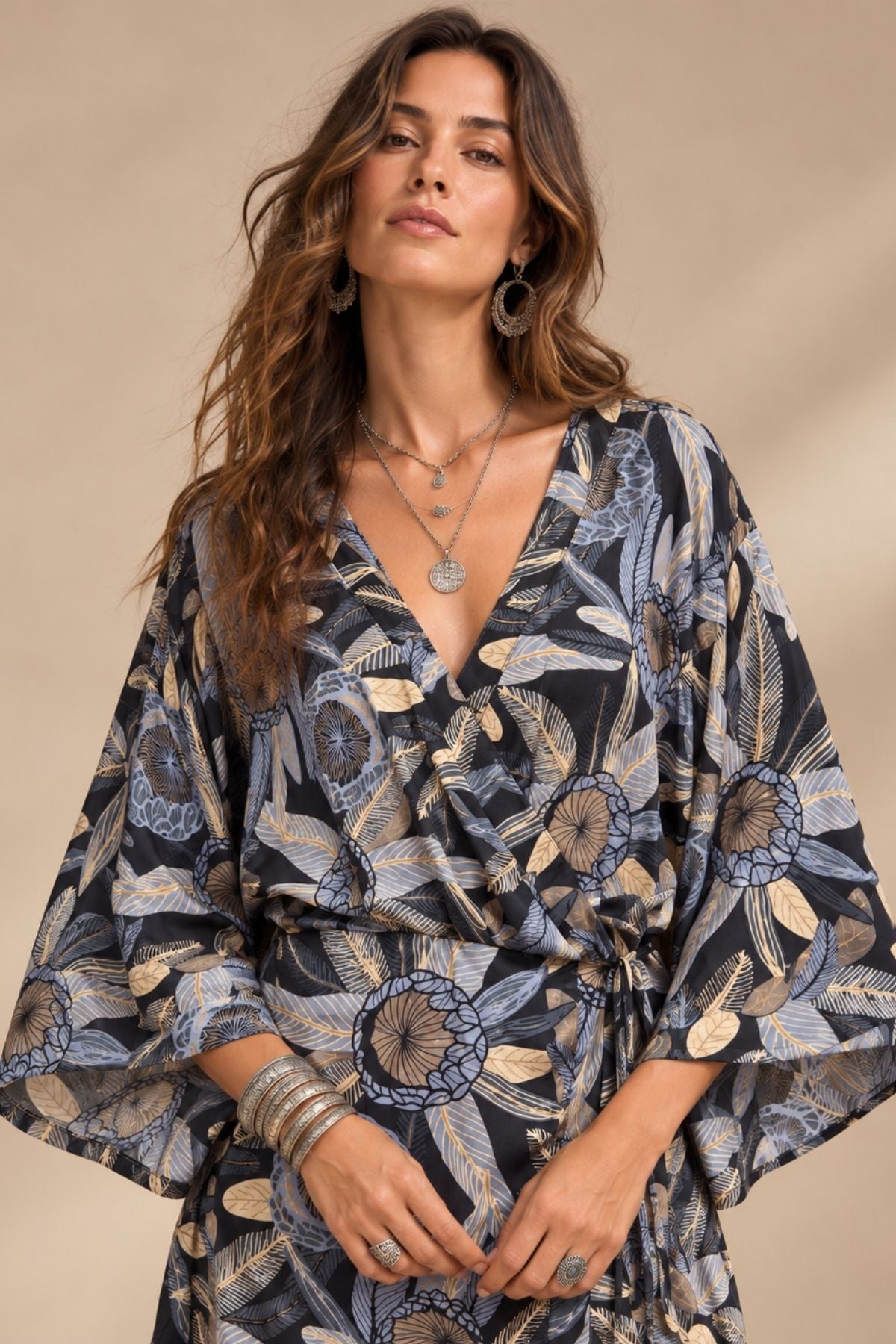 Kimono Kollu Mini Anvelop Elbise Gri