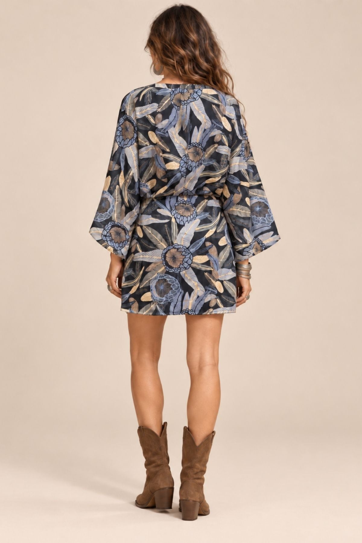 Kimono Kollu Mini Anvelop Elbise Gri