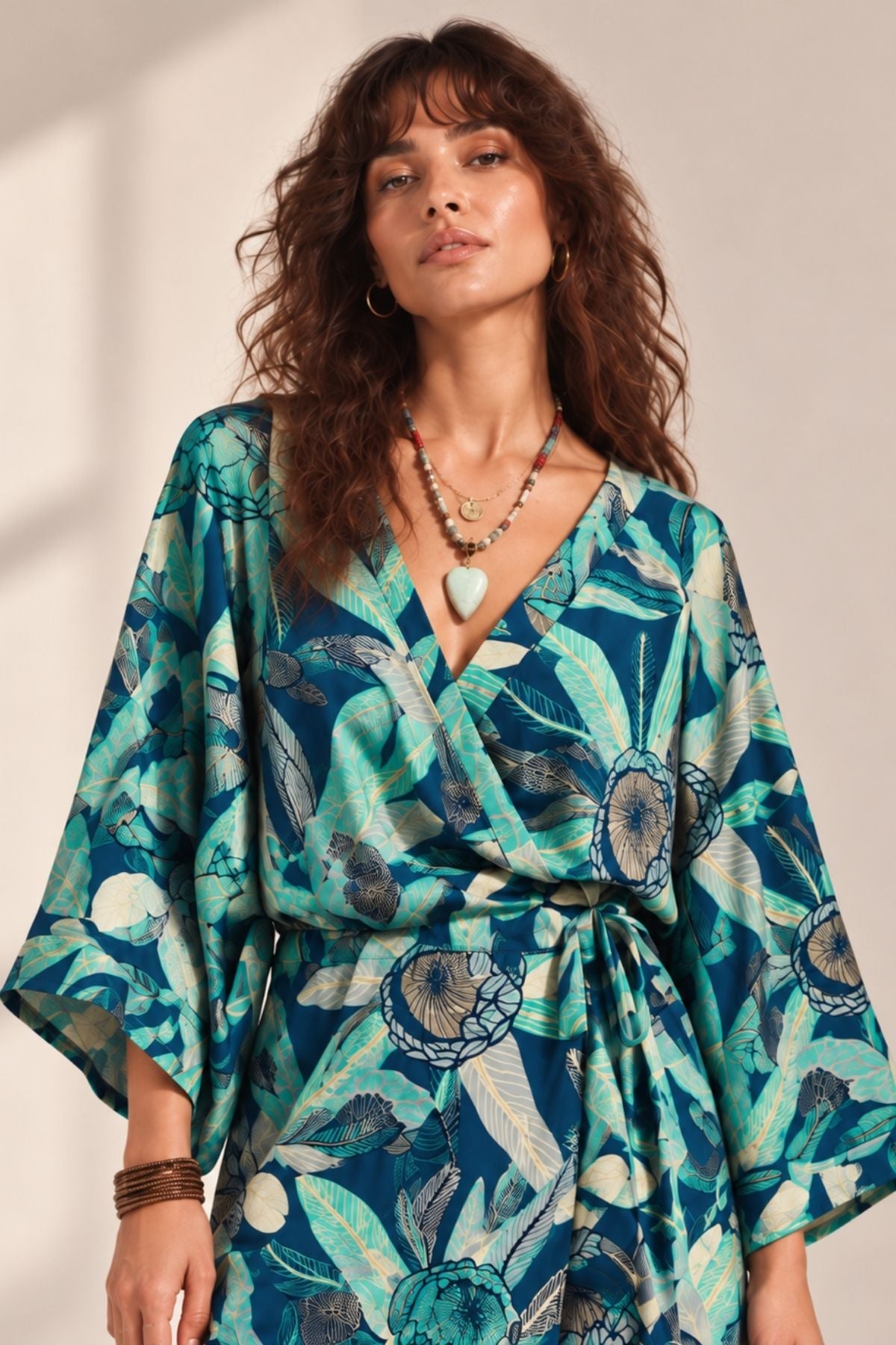 Kimono Kollu Mini Anvelop Elbise Petrol