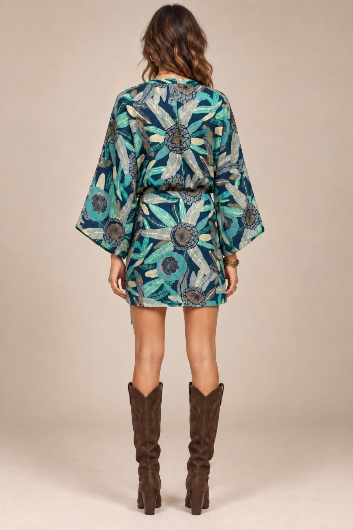Kimono Kollu Mini Anvelop Elbise Petrol
