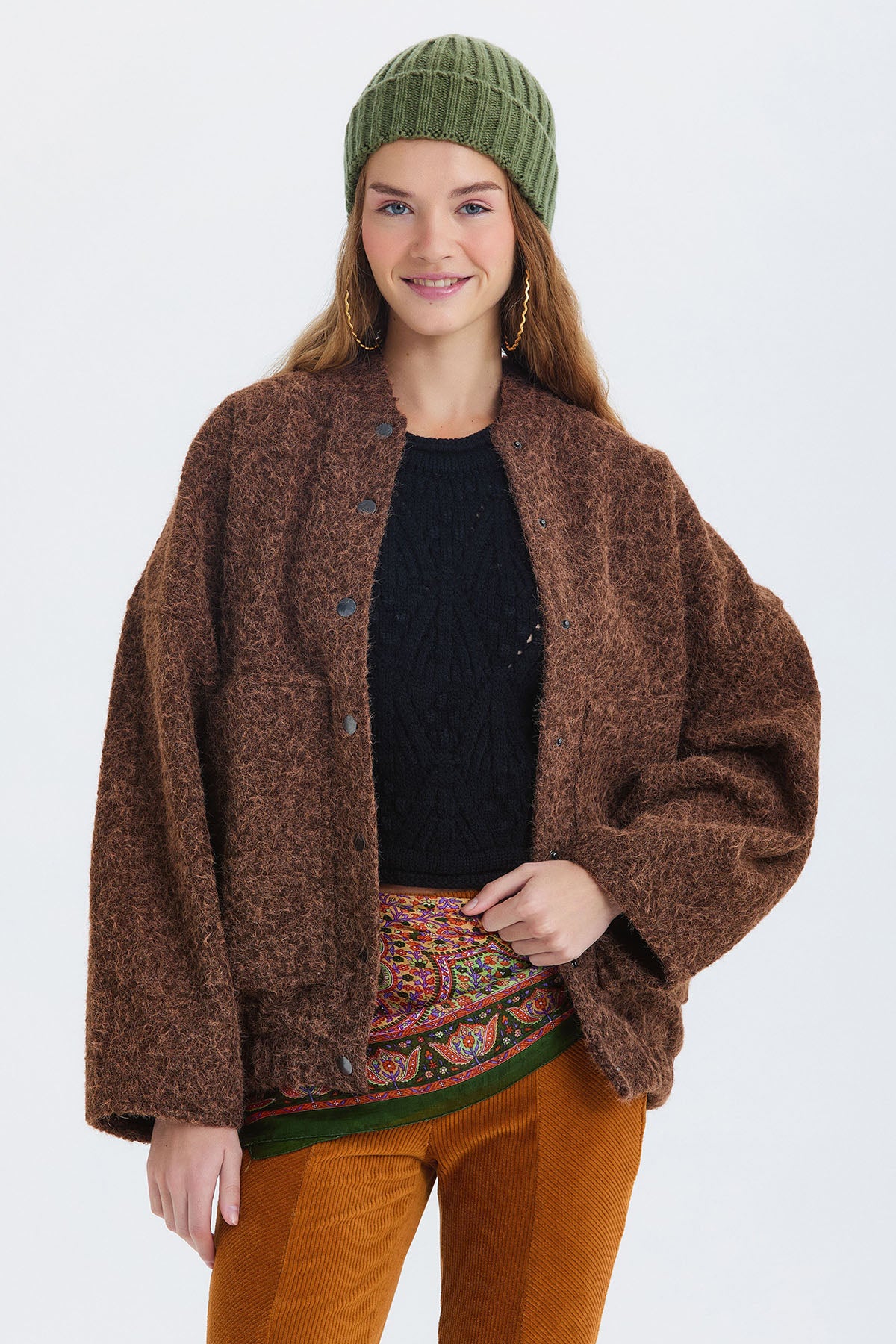 Yumuşak Oversize Bomber Ceket Kahverengi