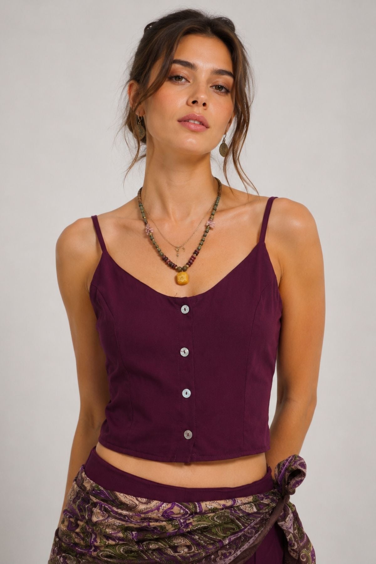 İp Askılı Düğmeli Crop Bluz Mor