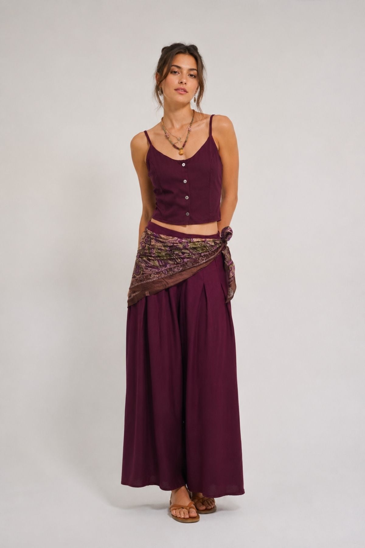 İp Askılı Düğmeli Crop Bluz Mor