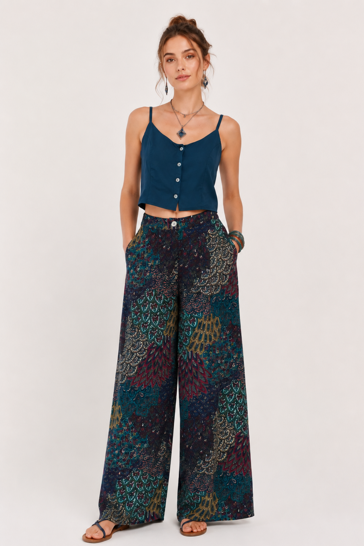 İp Askılı Düğmeli Crop Bluz Petrol