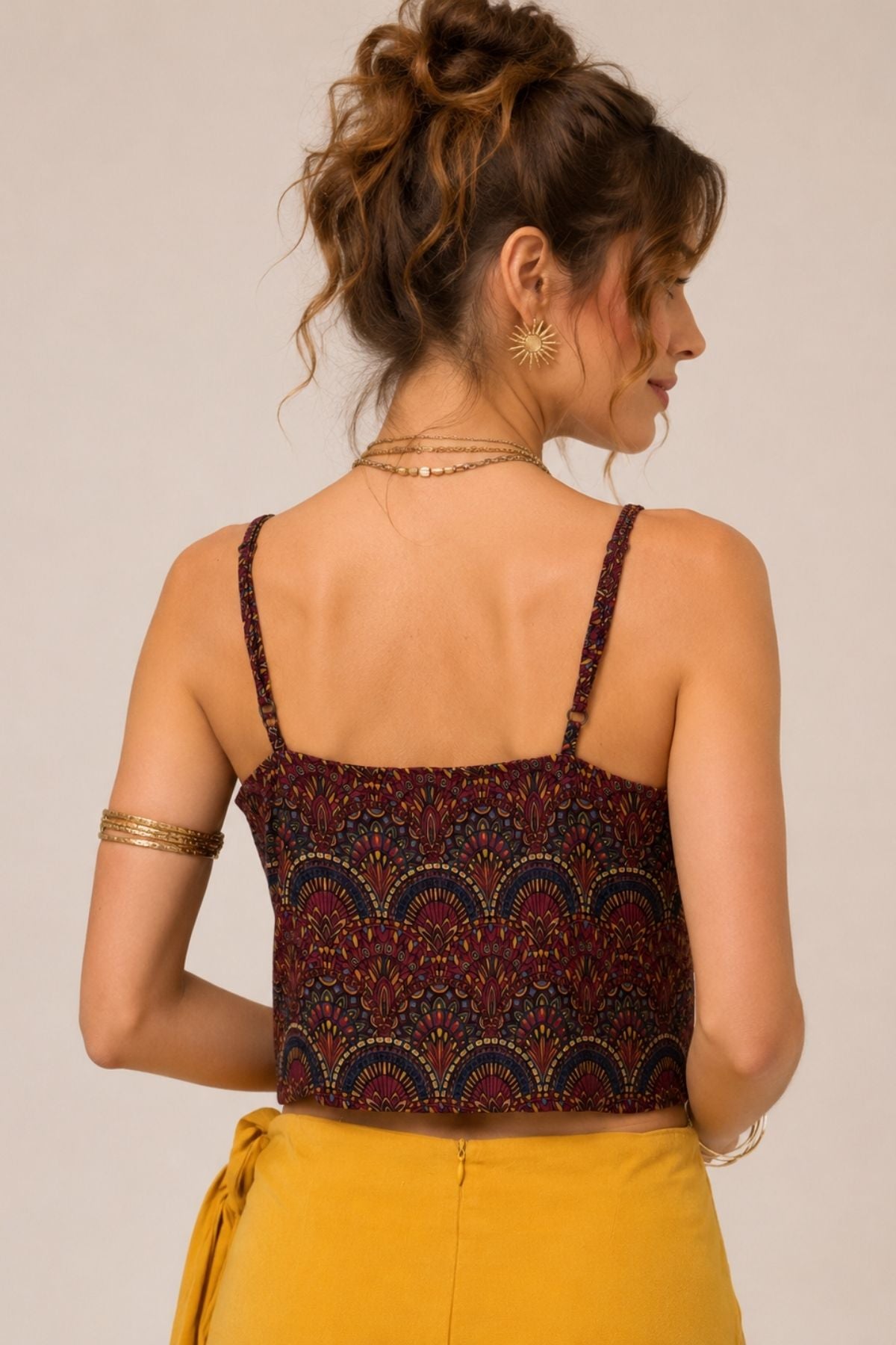 İp Askılı Düğmeli Crop Bluz Mor - Sarı