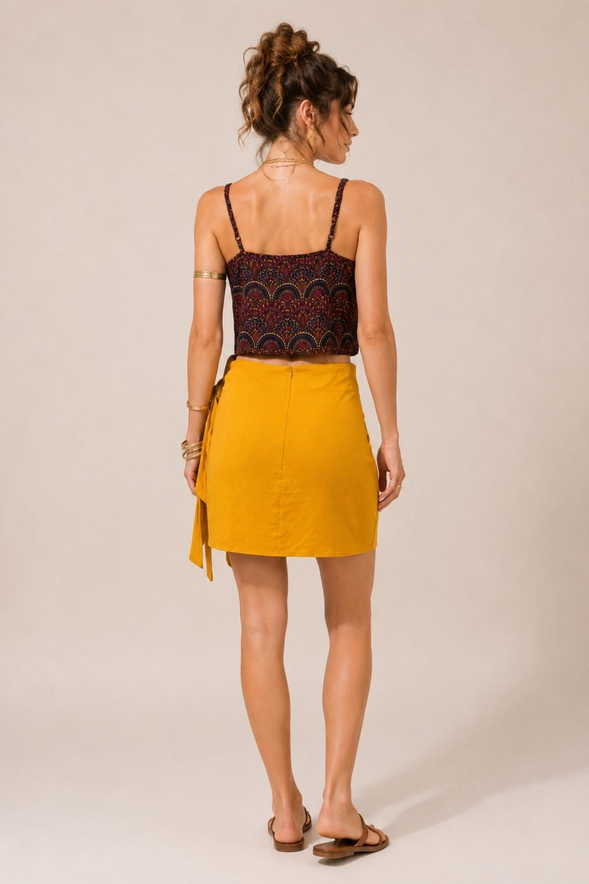 İp Askılı Düğmeli Crop Bluz Mor - Sarı