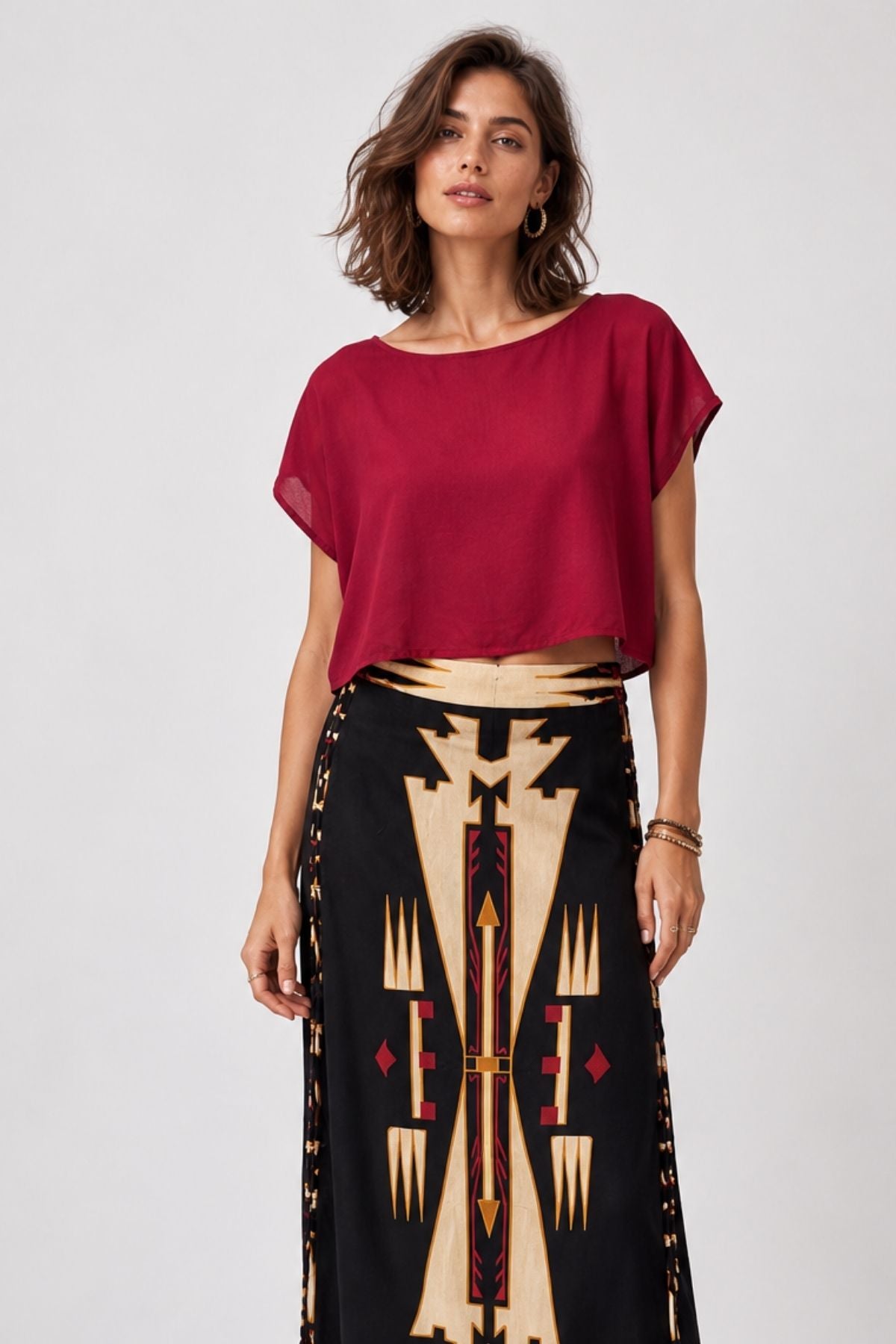 Kayık Yaka Oversize Yazlık Crop Bohem Bluz Bordo