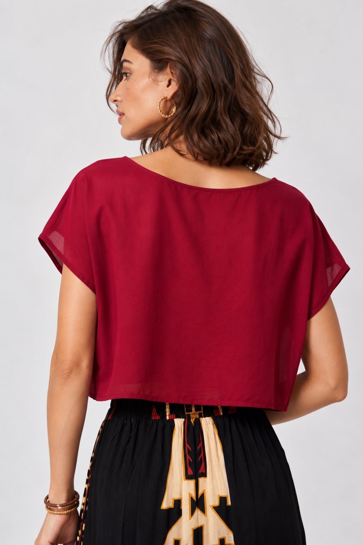 Kayık Yaka Oversize Yazlık Crop Bohem Bluz Bordo