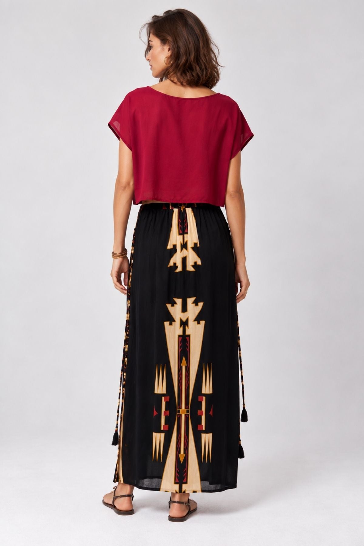 Kayık Yaka Oversize Yazlık Crop Bohem Bluz Bordo