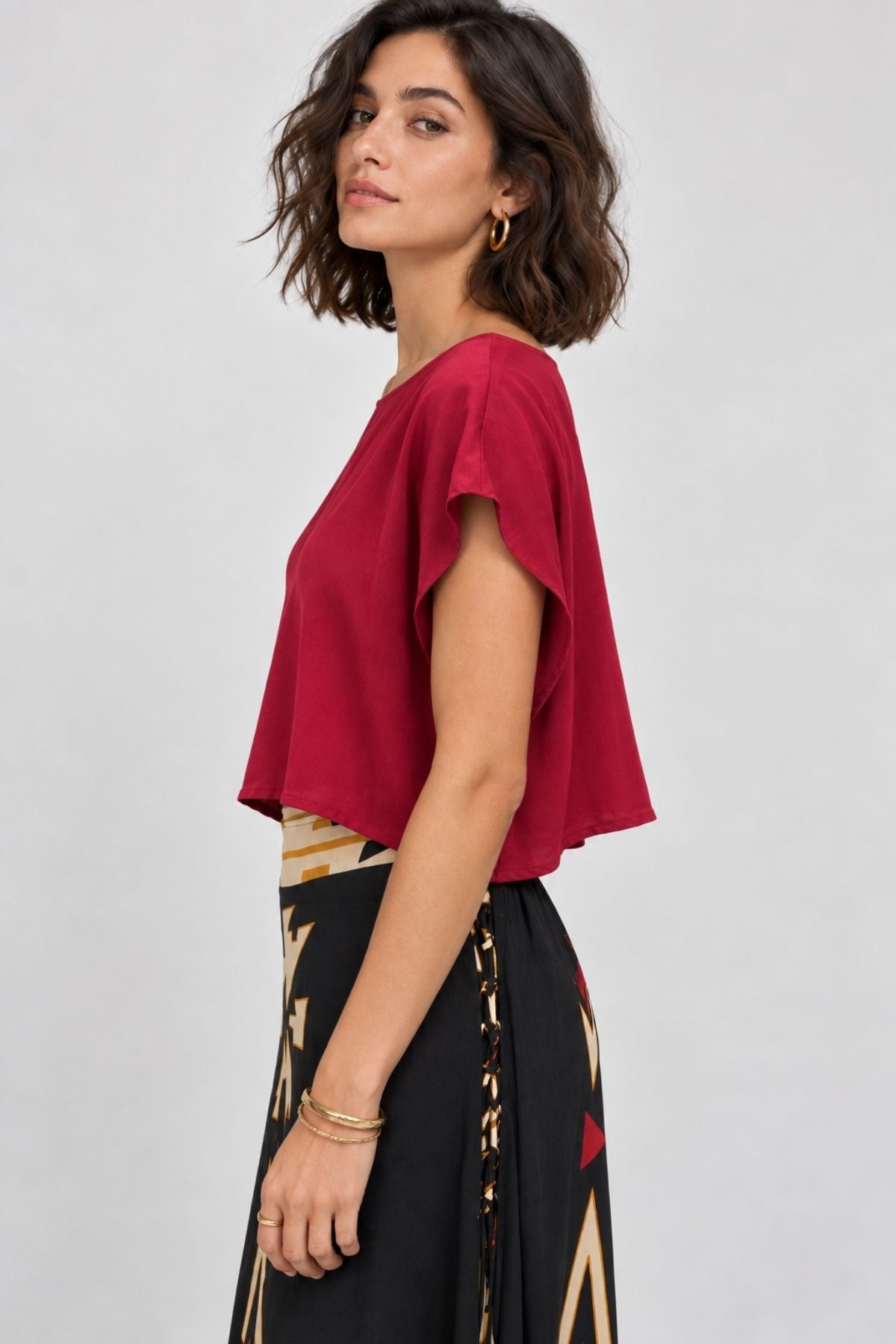 Kayık Yaka Oversize Yazlık Crop Bohem Bluz Bordo