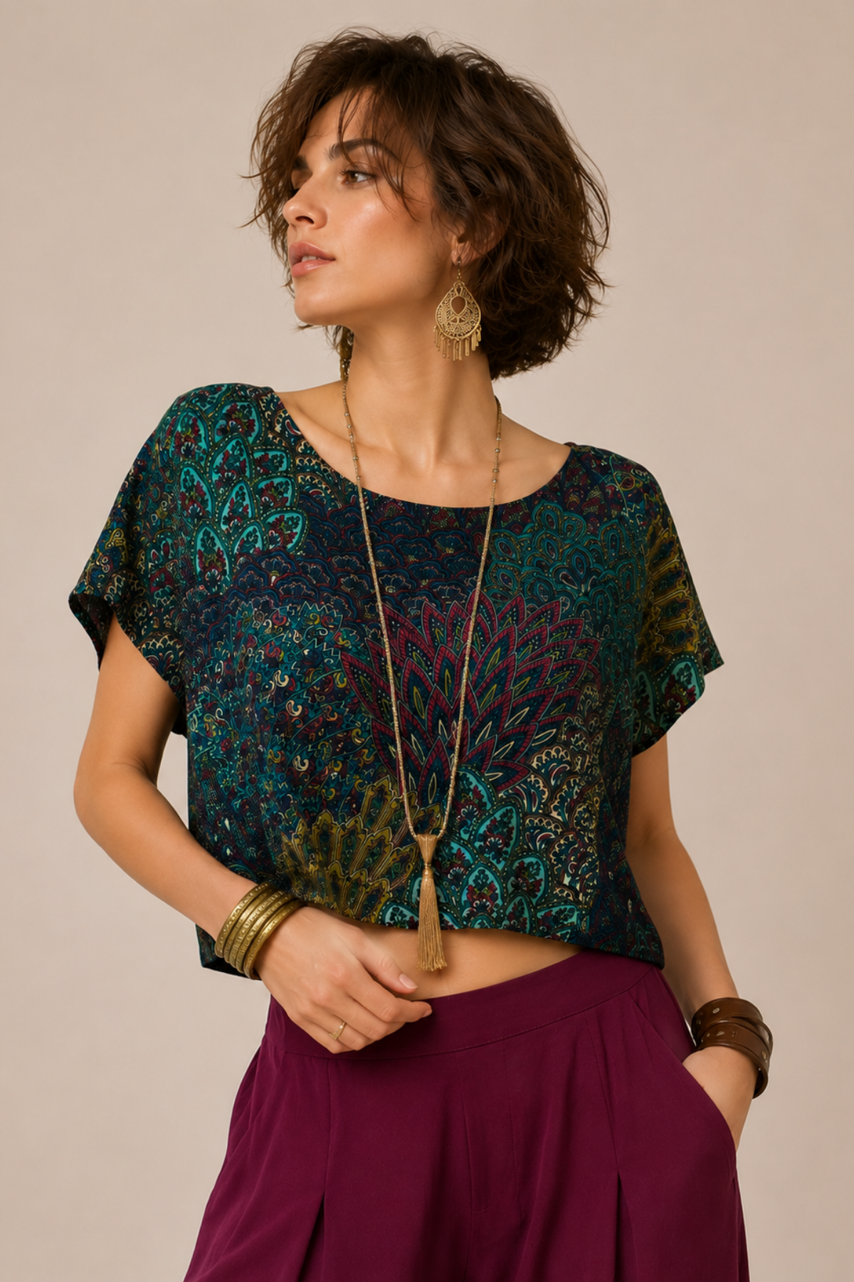 Kayık Yaka Oversize Yazlık Crop Bohem Bluz Petrol