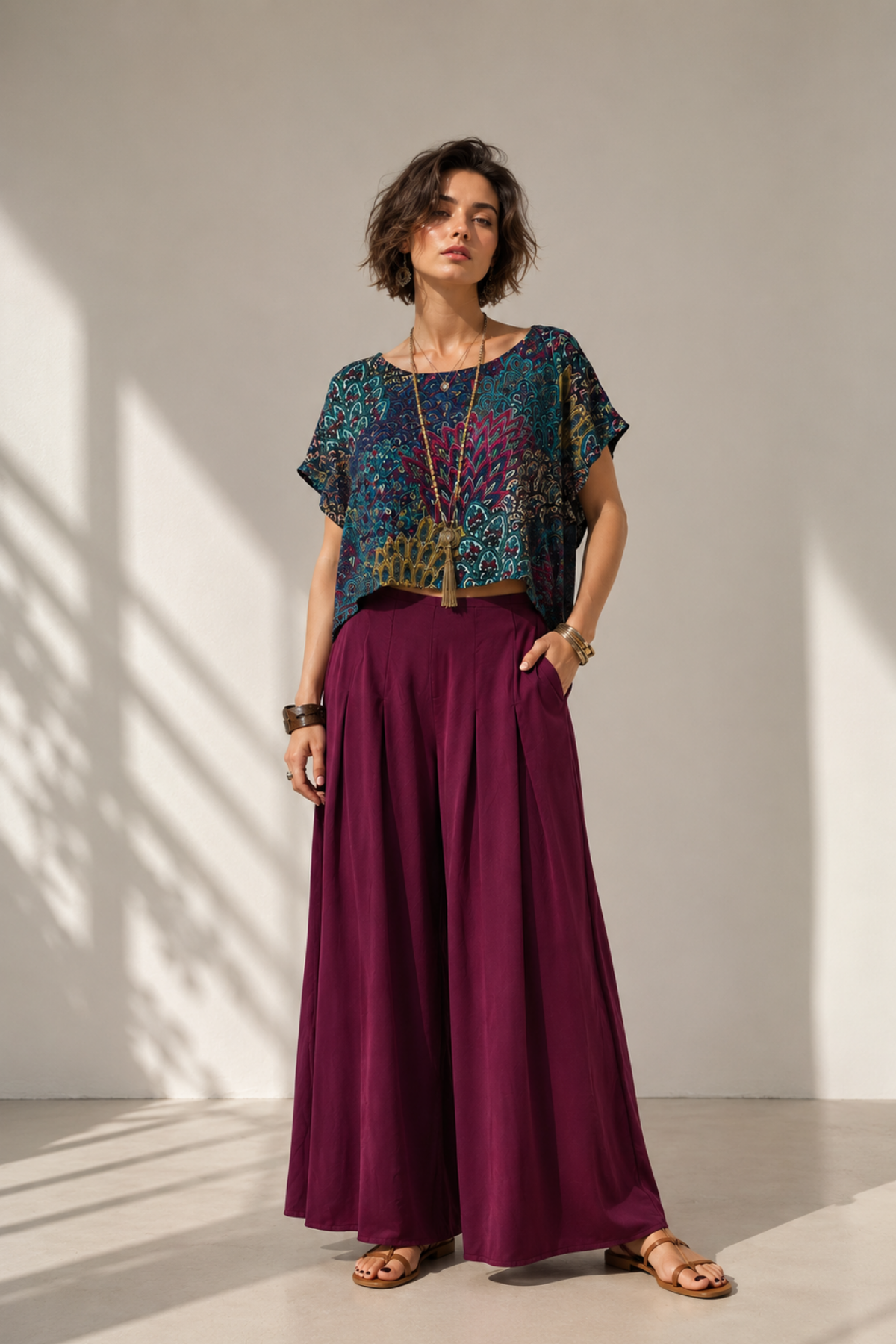 Kayık Yaka Oversize Yazlık Crop Bohem Bluz Petrol