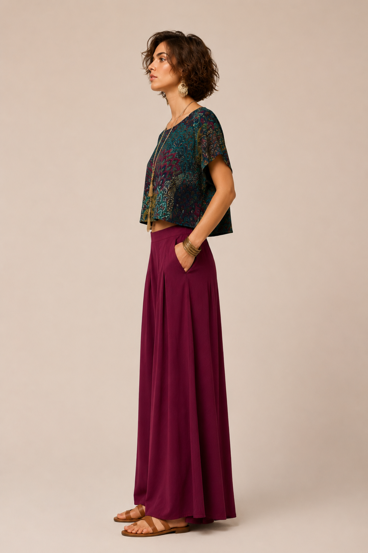 Kayık Yaka Oversize Yazlık Crop Bohem Bluz Petrol