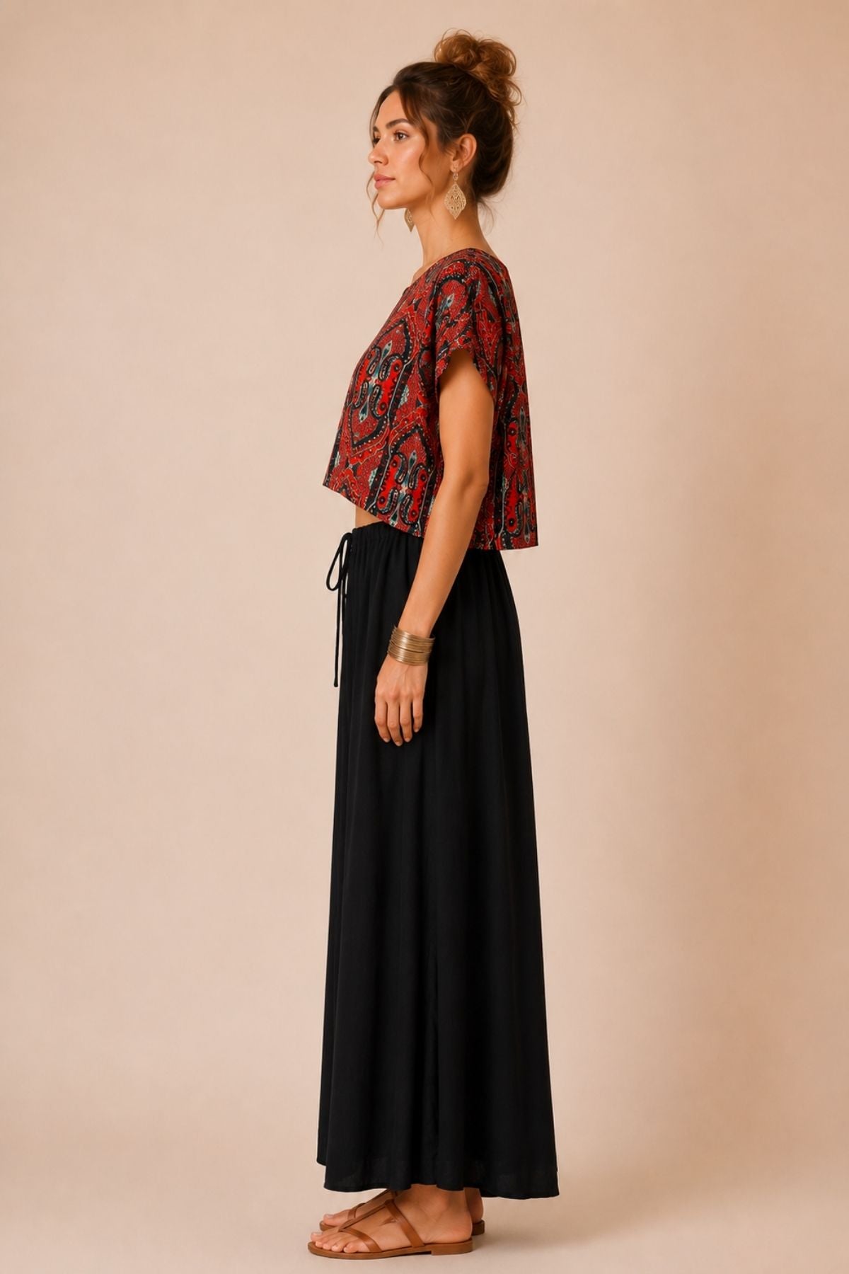 Kayık Yaka Oversize Yazlık Crop Bohem Bluz Siyah - Kırmızı